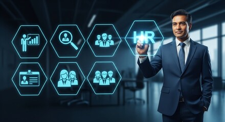 Futuristic HR Interface with Businessman Interacting with Digital High-Tech Human Resource Management Dashboard