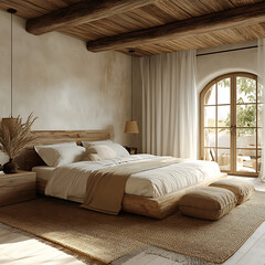Fototapeta premium Luxurious rustic bedroom interior with soft fabrics, artisanal wooden furniture, and elegant minimalist styling 