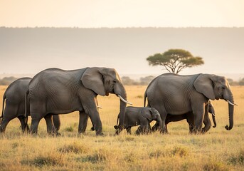 Fototapeta premium An Elephant Family Herd Including A Tiny Calf Walking In A Line Across The Golden African Savanna, Wildlife Safari, Family Journey Concept