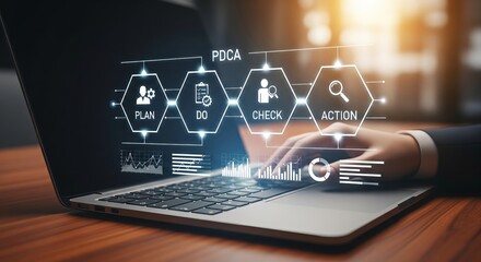 Futuristic PDCA Cycle Workflow Interface with Bold on Laptop – Plan Do Check Act Strategy Concept for Business Process Improvement