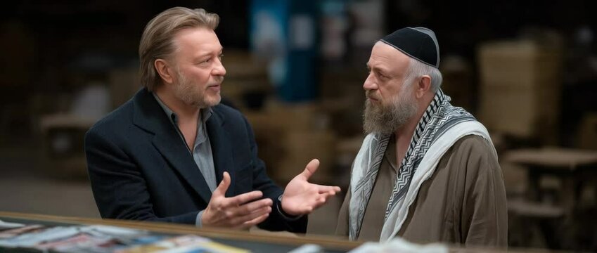Respectful Dialogue: Two men in discussion, one in modern attire, the other in traditional religious garb, engaged in an animated conversation, in an indoor setting.