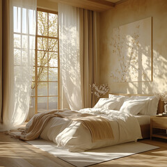 Inviting bedroom design with warm tones, sunlight through sheer curtains, and elegant wall art composition 