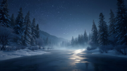 Misty winter scene under stars