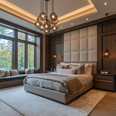 Interior shot of modern bedroom with custom chandelier design, pendant lighting symmetry, and architectural precision 