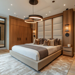 Interior shot of modern bedroom with custom chandelier design, pendant lighting symmetry, and architectural precision 