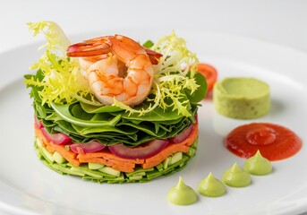 Gourmet Shrimp Salad with Frisée Lettuce and Red Pepper Sauce – Fine Dining Food Presentation