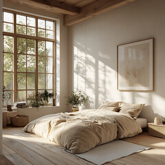 Interior render of Scandinavian bedroom, showcasing clean architecture, wood-focused palette, and soft tactile surfaces 