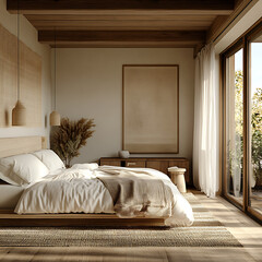 Interior render of Scandinavian bedroom, showcasing clean architecture, wood-focused palette, and soft tactile surfaces 