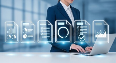 Holographic Digital Documents and Charts Interface – Businessman Using Laptop with Large Floating Checklist and Analytics Files in Corporate Office