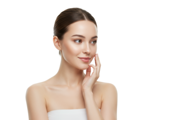 Young caucasian woman, early 20s, bare shoulders, brown hair pulled back, hand gently touching cheek, soft smile, isolated on transparent studio background with copy space, soft studio lighting.