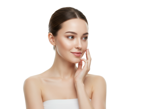 Young caucasian woman, early 20s, bare shoulders, brown hair pulled back, hand gently touching cheek, soft smile, isolated on transparent studio background with copy space, soft studio lighting.