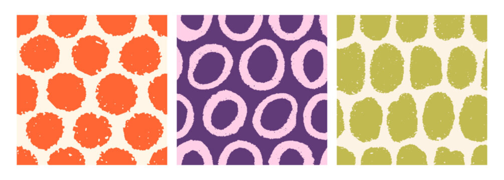 Abstract seamless patterns set. Irregular dots, spots, paint blobs, round circles, endless backgrounds, repeating prints for textile, wrapping design. Modern textures. Drawn vector illustration