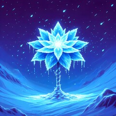 A pixel art scene of a single, magnificent flower at the peak of a snowy mountain, its petals made of intricate, glowing blue ice crystals. The flower emits a soft, cold, blue light.