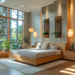 Interior photography of eco-inspired bedroom featuring natural materials, artistic lighting, and modern layout 