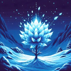 A pixel art scene of a single, magnificent flower at the peak of a snowy mountain, its petals made of intricate, glowing blue ice crystals. The flower emits a soft, cold, blue light.