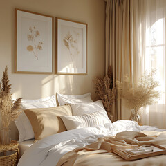 Interior of warm-toned bedroom featuring framed wall decor, soft drapes, and morning sunlight ambiance 