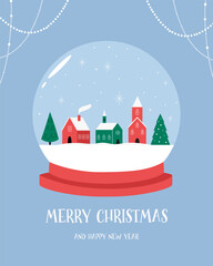 Flat Christmas Snow Globe Illustration with Winter Village and Trees. Holiday Greeting Card