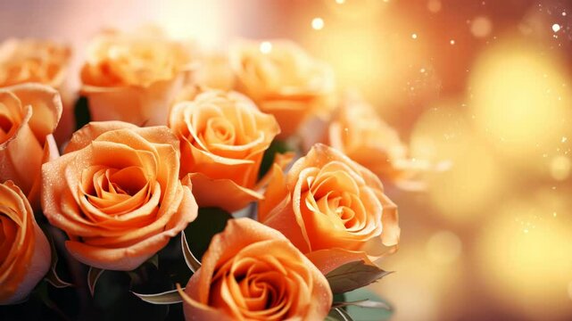 Orange roses bouquet with golden bokeh creating a romantic and celebratory atmosphere