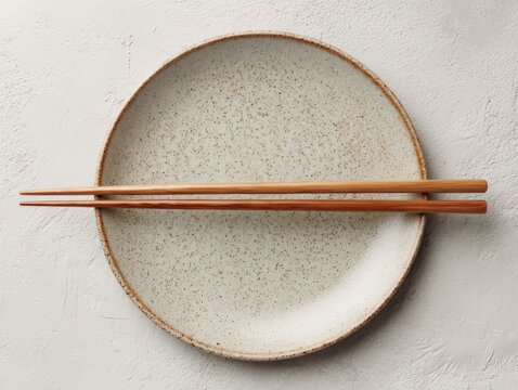 A pair of brown chopsticks resting on a beige plate with a textured surface.