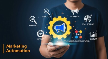 Marketing Automation Concept with Glowing Gear and Megaphone – Businessman Holding Holographic UI with KPIs and Workflow Elements