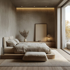 Interior of a tranquil bedroom with even composition, smooth materials, and calming minimalist style 