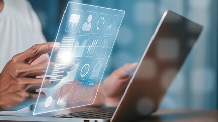 Innovating with Transparent Digital Interface: User Interacting with Modern Technology on Laptop Display for Data and Analysis.