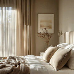 Interior design showcase of modern bedroom, matte finishes, luxury decor details, sunlight through curtains, architectural photography 