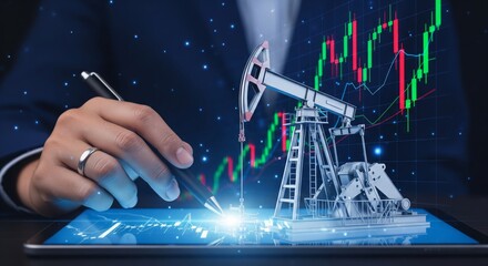 Oil Market Growth with Digital Pumpjack and Candlestick Chart – Energy Trading Concept Illustration