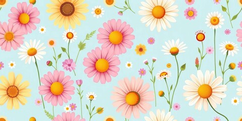 Obraz premium Cute seamless vector pattern featuring cheerful daisies and wildflowers on a soft blue background, art, garden