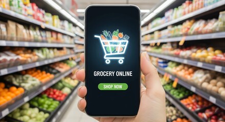 Online Grocery Shopping App Interface in Supermarket Aisle