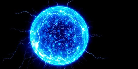 Electric blue energy orb core radiates vibrant light, glowing intensely against a stark black backdrop,  effect,  sphere