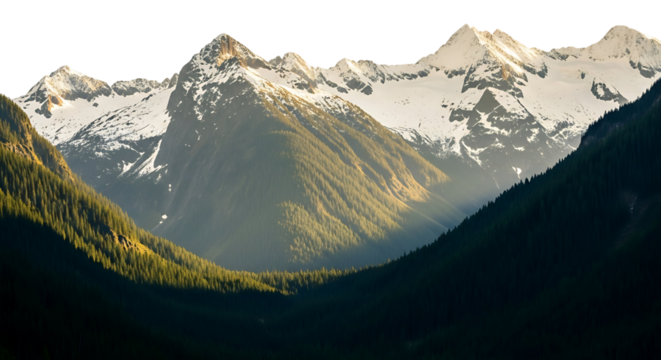 Scenic mountain valley with snowcapped peaks, forest, and winding river under clear sky, transparan background. 