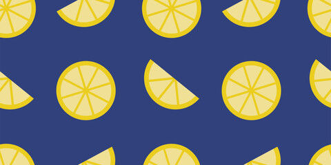 Bright seamless pattern with whole and sliced lemons on a deep blue background. A zesty design ideal for summer-themed products, food packaging, or kitchen decor