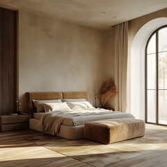 Interior design of a minimalist bedroom, featuring wooden floors, earth-toned decor, and velvet bed centerpiece 