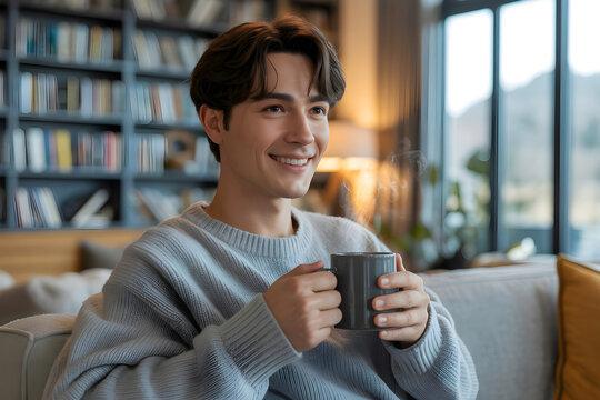 Young man smiling and holding a hot beverage at home