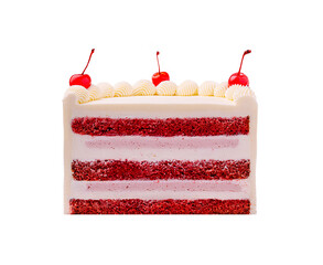Delicious red velvet cake topped with cherries and cream at a bakery display