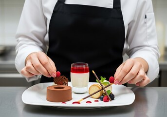 Pastry Chef Plating Gourmet Dessert with Chocolate Mousse and Panna Cotta in Professional Kitchen