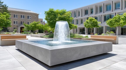 Sunlit Plaza Fountain with Concrete Basin and Modern Architecture