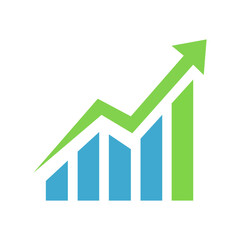 Flat vector illustration of a rising bar chart with a green upward arrow and blue columns, symbolizing business growth or success, on white background.
