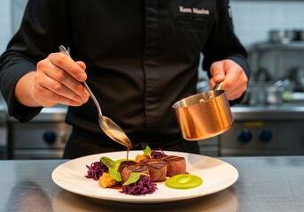 Professional Chef Plating Gourmet Beef Dish with Sauce in Fine Dining Kitchen