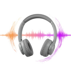 Gray headphones with sound waves emanating from the earcups, Isolated on transparent background, cutout png
