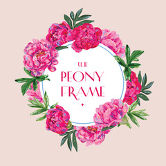 A frame with painted bright peonies for decoration