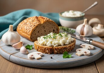 Rustic Bread Slice with Cream Cheese and Fresh Herbs on Wooden Board – Healthy Breakfast