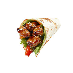 Delicious Chicken Wrap with Fresh Vegetables and Sesame Sauce in a Soft Tortilla on transparent background