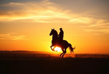 Silhouetted rider, horse galloping sunset plains, classic, background