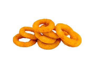 Crunchy onion rings stacked on a white background ready to serve