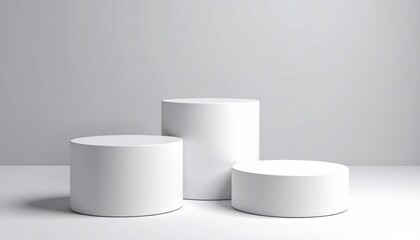 Three White Cylindrical Podiums on Light Gray Background