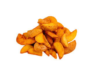 Crispy golden potato wedges piled high on a white background
