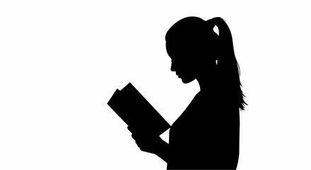 Silhouette of Student Reading a Book Isolated on White Background

