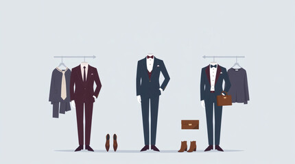 Three  different formal suits with accessories, showcasing various business attire options.